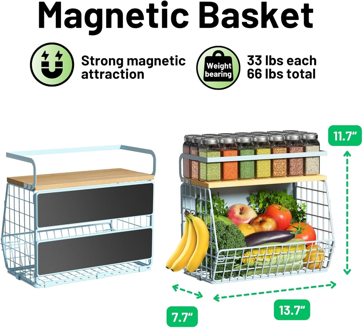Magnetic Shelf for Fridge with Wood Lid, Fruit Potato and Onion Storage Bins, Pantry Organizers & Storage, Large Container Magnetic Spice Rack for Refrigerator, Kitchen Counter, Cabinet