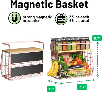 Magnetic Shelf for Fridge with Wood Lid, Fruit Potato and Onion Storage Bins, Pantry Organizers & Storage, Large Container Magnetic Spice Rack for Refrigerator, Kitchen Counter, Cabinet