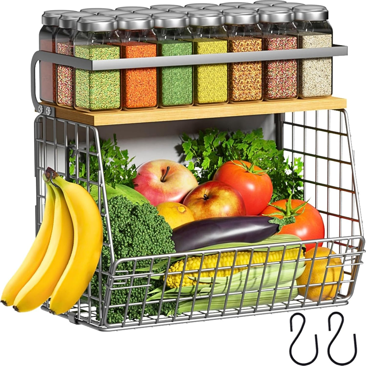 Magnetic Shelf for Fridge with Wood Lid, Fruit Potato and Onion Storage Bins, Pantry Organizers & Storage, Large Container Magnetic Spice Rack for Refrigerator, Kitchen Counter, Cabinet