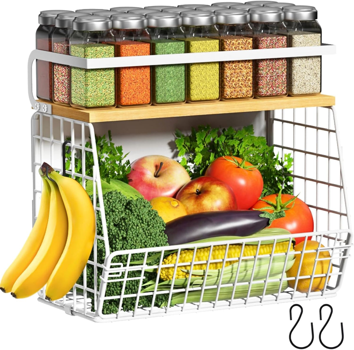 Magnetic Shelf for Fridge with Wood Lid, Fruit Potato and Onion Storage Bins, Pantry Organizers & Storage, Large Container Magnetic Spice Rack for Refrigerator, Kitchen Counter, Cabinet