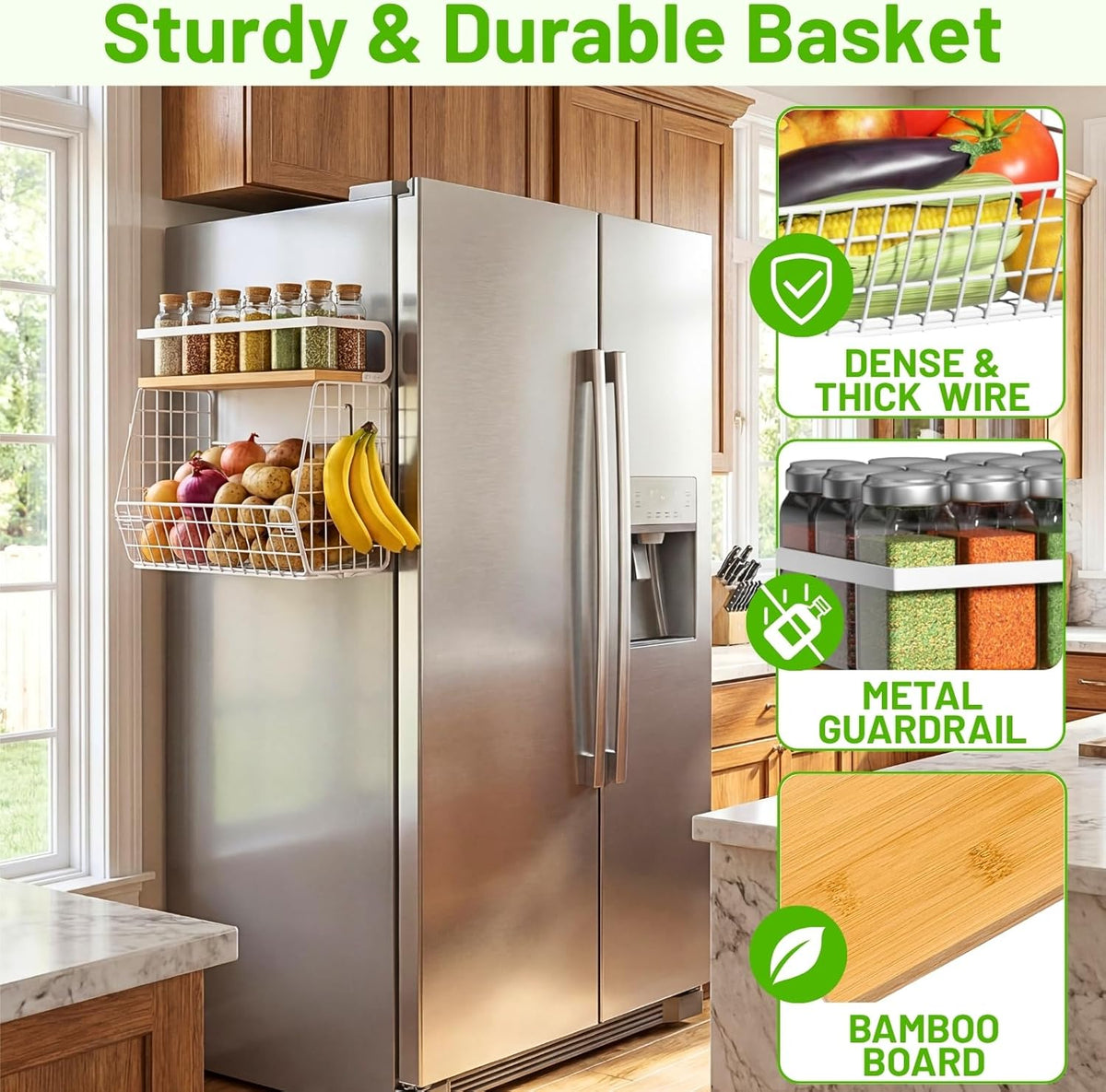 Magnetic Shelf for Fridge with Wood Lid, Fruit Potato and Onion Storage Bins, Pantry Organizers & Storage, Large Container Magnetic Spice Rack for Refrigerator, Kitchen Counter, Cabinet