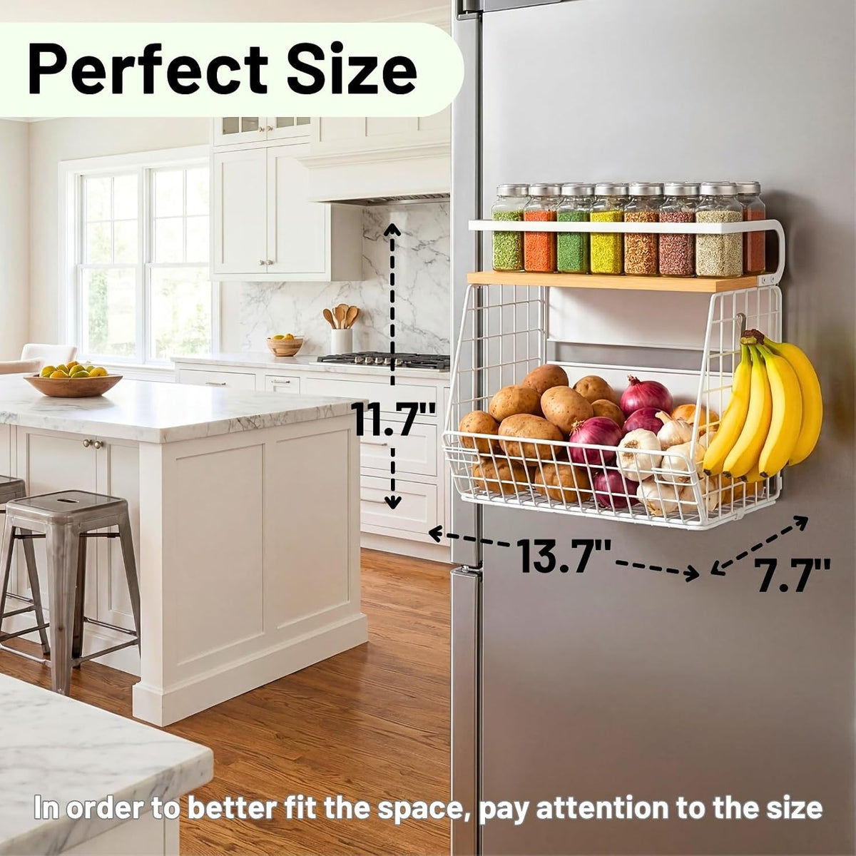 Magnetic Shelf for Fridge with Wood Lid, Fruit Potato and Onion Storage Bins, Pantry Organizers & Storage, Large Container Magnetic Spice Rack for Refrigerator, Kitchen Counter, Cabinet