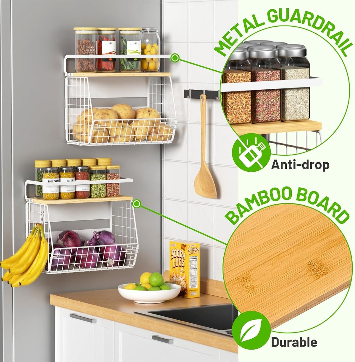 Magnetic Shelf for Fridge with Wood Lid, Fruit Potato and Onion Storage Bins, Pantry Organizers & Storage, Large Container Magnetic Spice Rack for Refrigerator, Kitchen Counter, Cabinet
