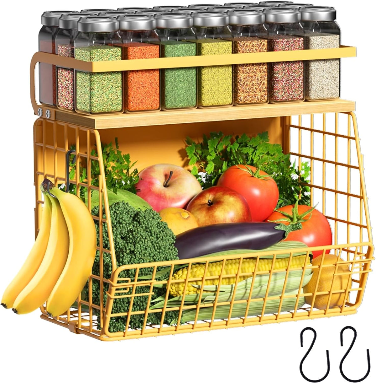 Magnetic Shelf for Fridge with Wood Lid, Fruit Potato and Onion Storage Bins, Pantry Organizers & Storage, Large Container Magnetic Spice Rack for Refrigerator, Kitchen Counter, Cabinet