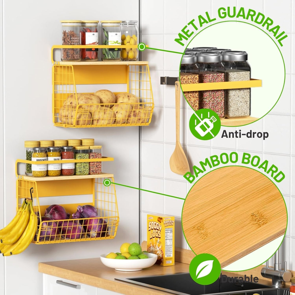 Magnetic Shelf for Fridge with Wood Lid, Fruit Potato and Onion Storage Bins, Pantry Organizers & Storage, Large Container Magnetic Spice Rack for Refrigerator, Kitchen Counter, Cabinet