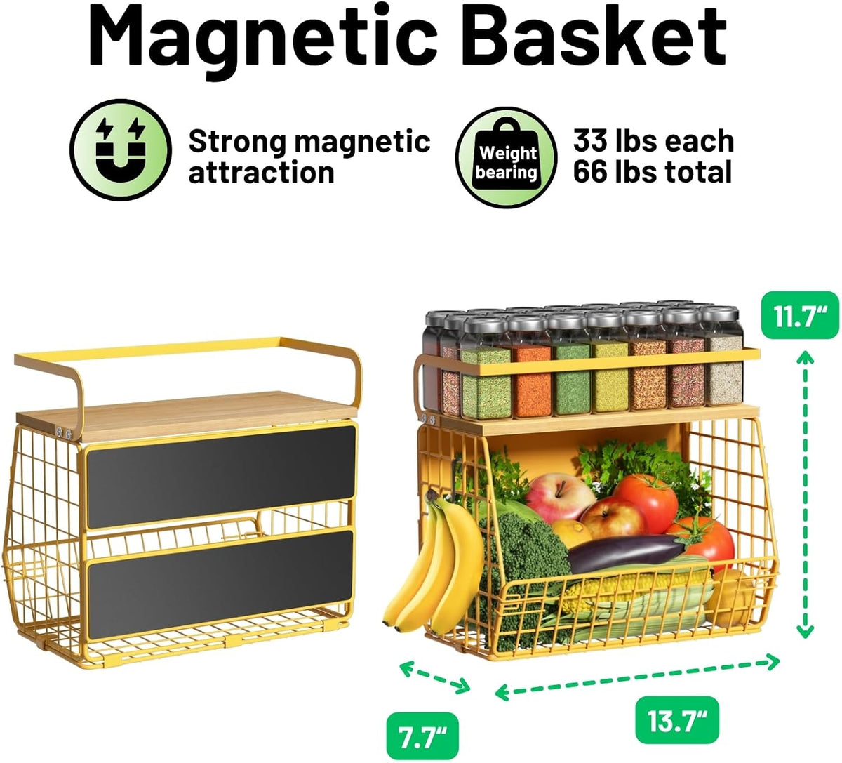Magnetic Shelf for Fridge with Wood Lid, Fruit Potato and Onion Storage Bins, Pantry Organizers & Storage, Large Container Magnetic Spice Rack for Refrigerator, Kitchen Counter, Cabinet