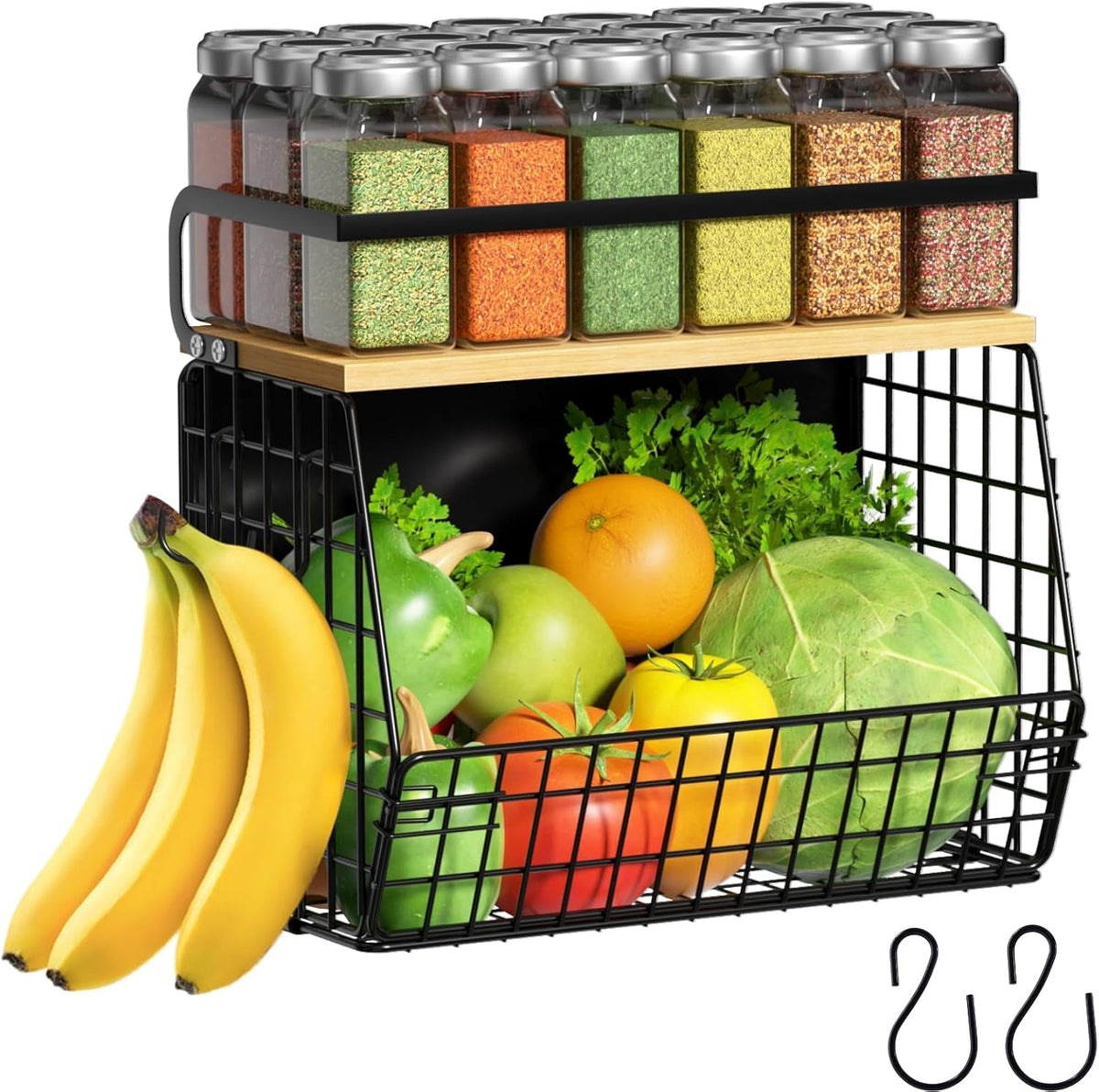 Magnetic Shelf for Fridge with Wood Lid, Fruit Potato and Onion Storage Bins, Pantry Organizers & Storage, Large Container Magnetic Spice Rack for Refrigerator, Kitchen Counter, Cabinet