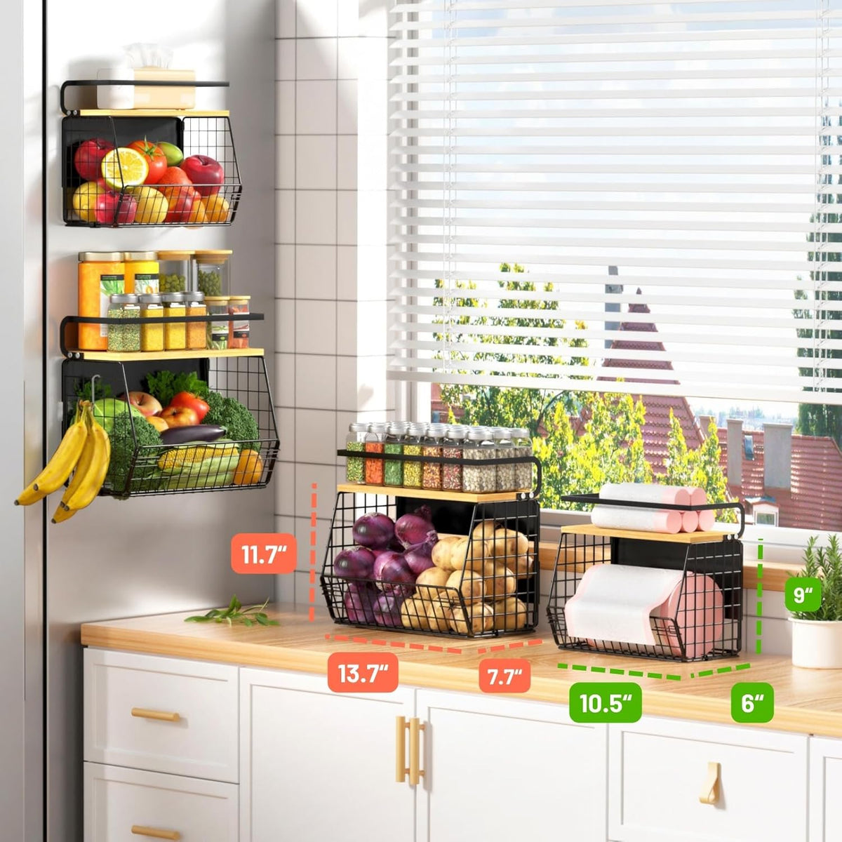 Magnetic Shelf for Fridge with Wood Lid, Fruit Potato and Onion Storage Bins, Pantry Organizers & Storage, Large Container Magnetic Spice Rack for Refrigerator, Kitchen Counter, Cabinet