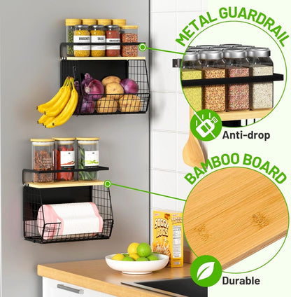 Magnetic Shelf for Fridge with Wood Lid, Fruit Potato and Onion Storage Bins, Pantry Organizers & Storage, Large Container Magnetic Spice Rack for Refrigerator, Kitchen Counter, Cabinet