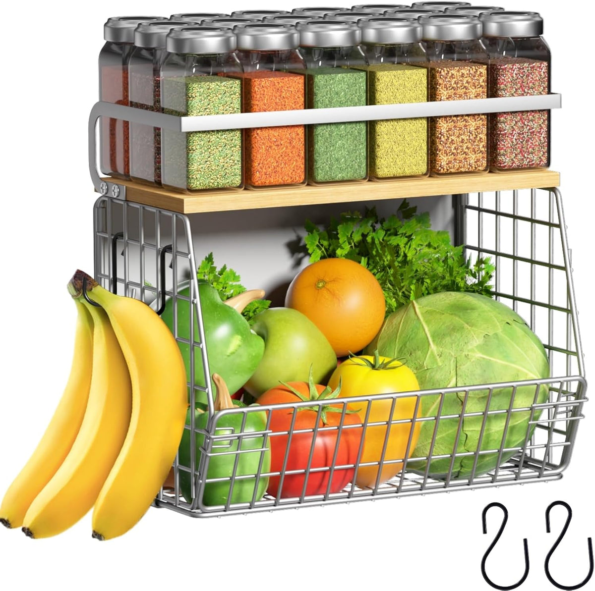 Magnetic Shelf for Fridge with Wood Lid, Fruit Potato and Onion Storage Bins, Pantry Organizers & Storage, Large Container Magnetic Spice Rack for Refrigerator, Kitchen Counter, Cabinet