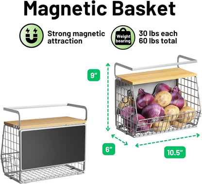 Magnetic Shelf for Fridge with Wood Lid, Fruit Potato and Onion Storage Bins, Pantry Organizers & Storage, Large Container Magnetic Spice Rack for Refrigerator, Kitchen Counter, Cabinet