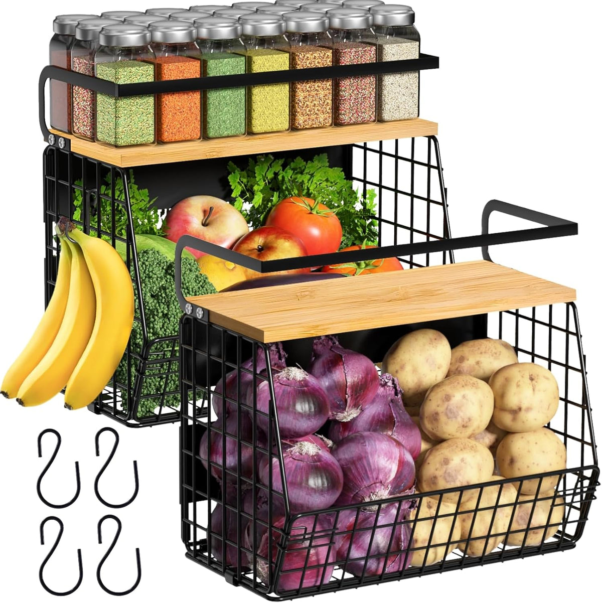 Magnetic Shelf for Fridge with Wood Lid, Fruit Potato and Onion Storage Bins, Pantry Organizers & Storage, Large Container Magnetic Spice Rack for Refrigerator, Kitchen Counter, Cabinet