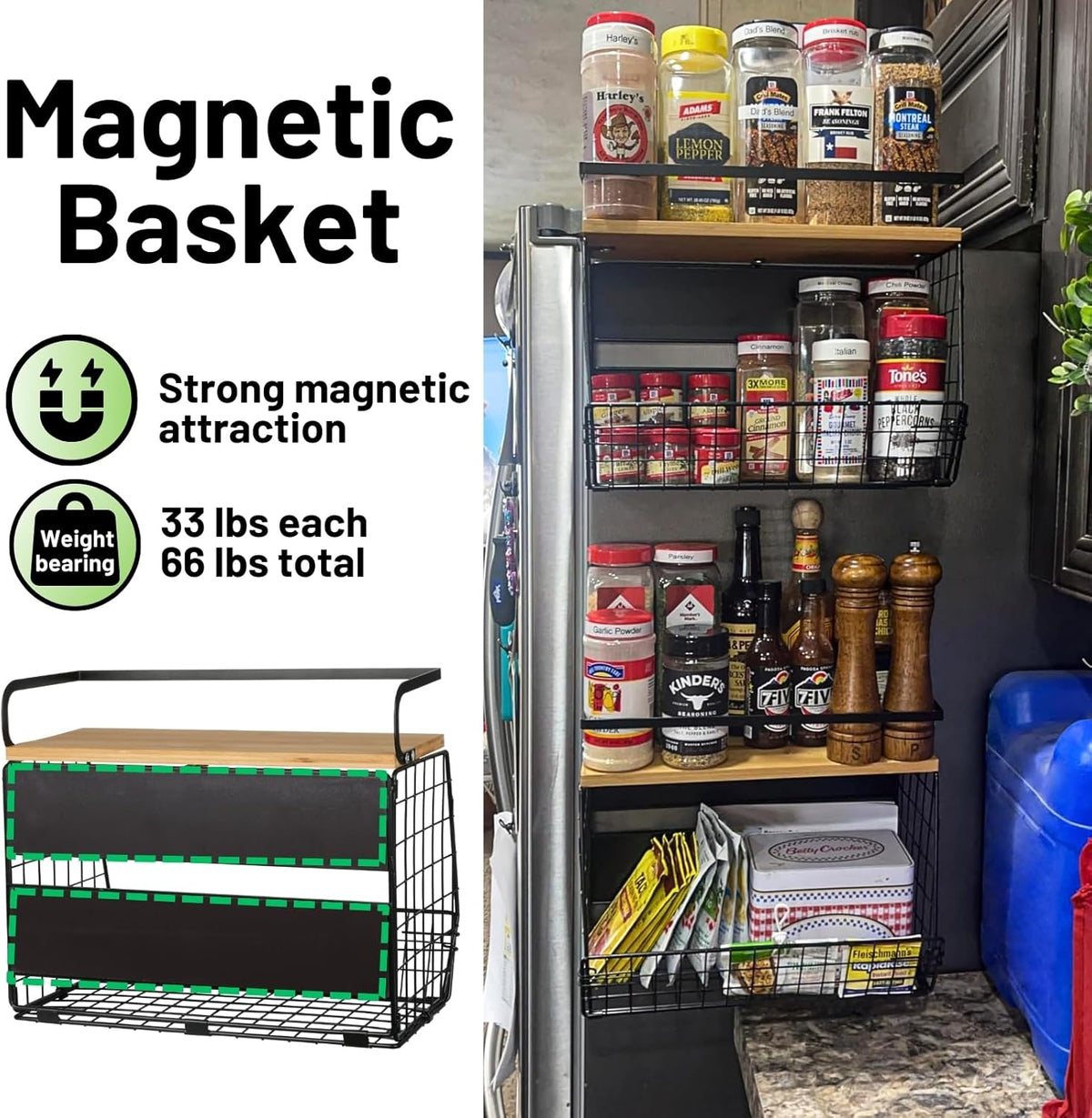 Magnetic Shelf for Fridge with Wood Lid, Fruit Potato and Onion Storage Bins, Pantry Organizers & Storage, Large Container Magnetic Spice Rack for Refrigerator, Kitchen Counter, Cabinet