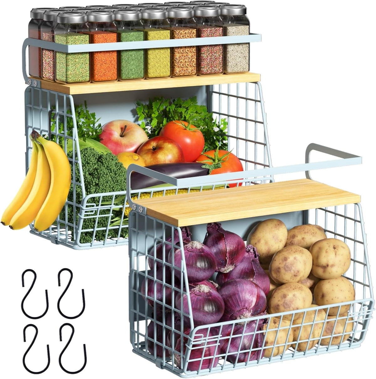 Magnetic Shelf for Fridge with Wood Lid, Fruit Potato and Onion Storage Bins, Pantry Organizers & Storage, Large Container Magnetic Spice Rack for Refrigerator, Kitchen Counter, Cabinet