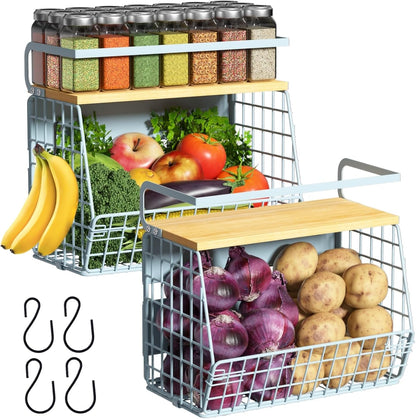 Magnetic Shelf for Fridge with Wood Lid, Fruit Potato and Onion Storage Bins, Pantry Organizers & Storage, Large Container Magnetic Spice Rack for Refrigerator, Kitchen Counter, Cabinet