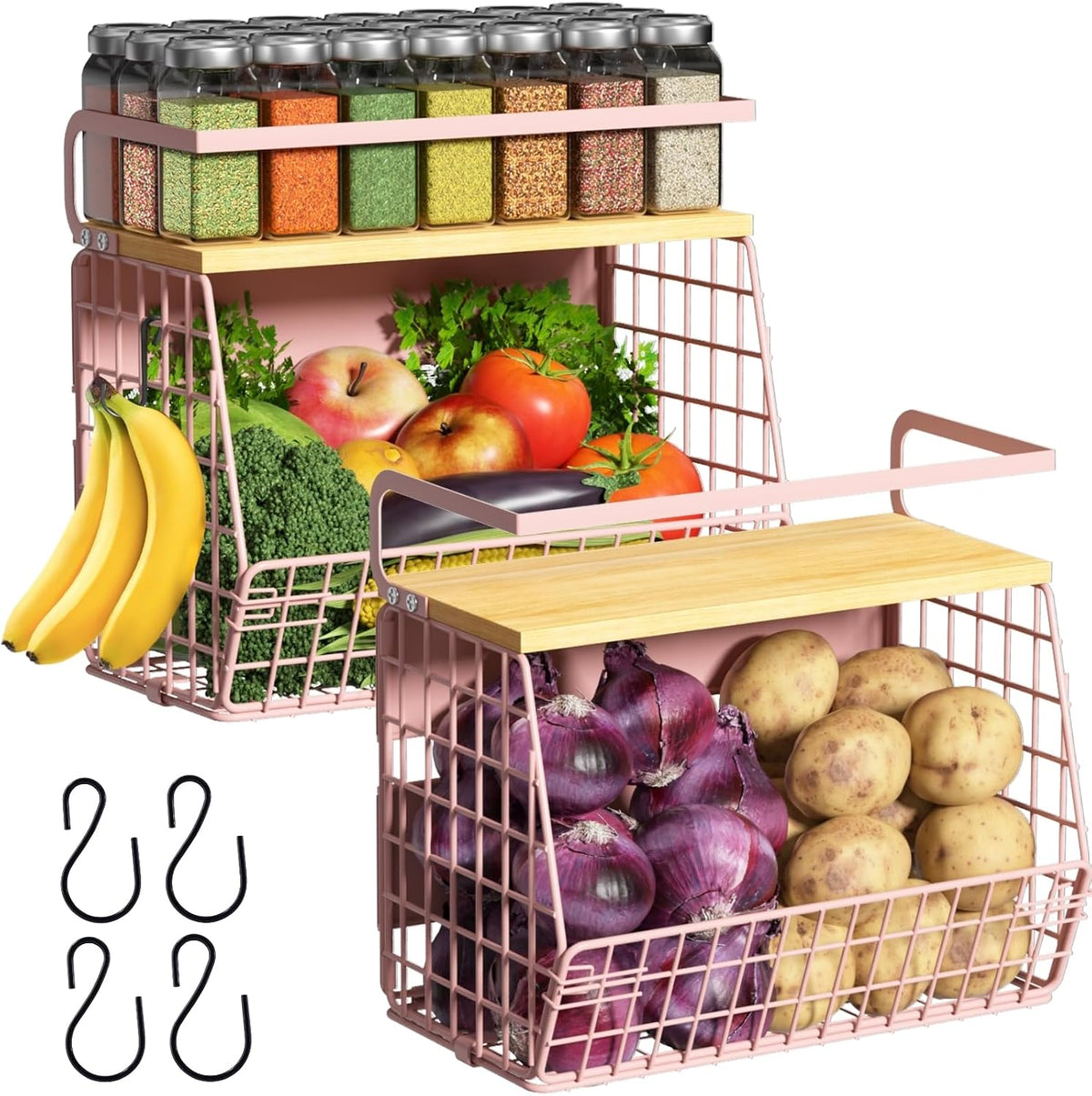 Magnetic Shelf for Fridge with Wood Lid, Fruit Potato and Onion Storage Bins, Pantry Organizers & Storage, Large Container Magnetic Spice Rack for Refrigerator, Kitchen Counter, Cabinet