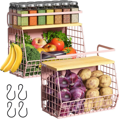 Magnetic Shelf for Fridge with Wood Lid, Fruit Potato and Onion Storage Bins, Pantry Organizers & Storage, Large Container Magnetic Spice Rack for Refrigerator, Kitchen Counter, Cabinet