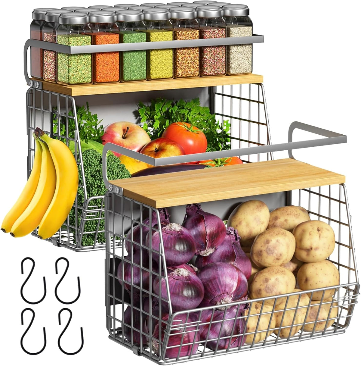 Magnetic Shelf for Fridge with Wood Lid, Fruit Potato and Onion Storage Bins, Pantry Organizers & Storage, Large Container Magnetic Spice Rack for Refrigerator, Kitchen Counter, Cabinet