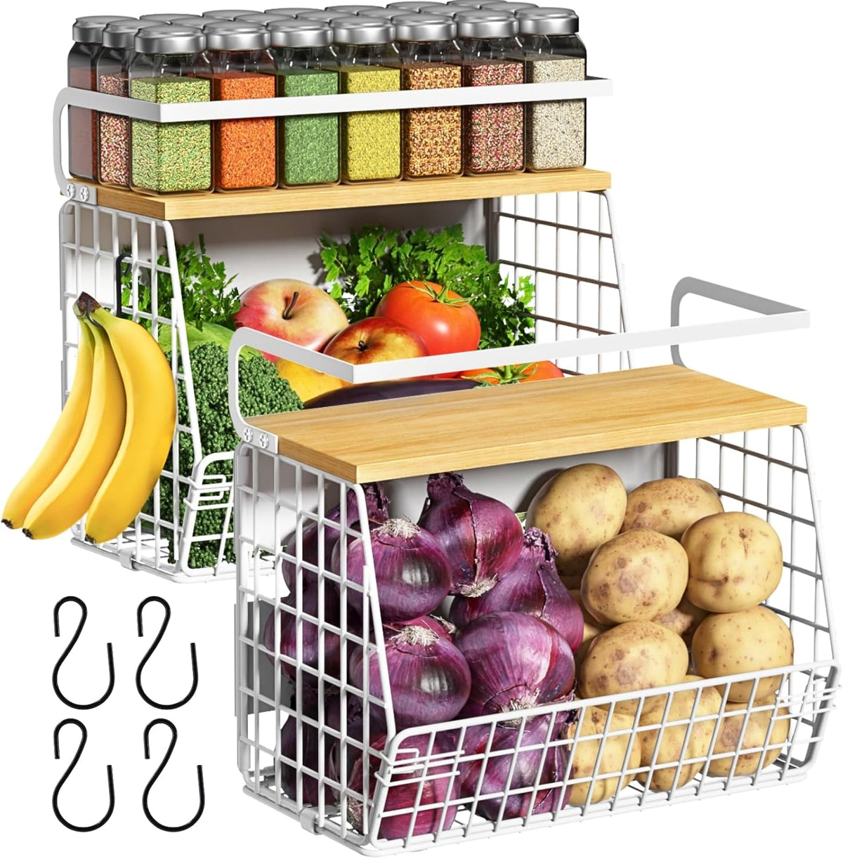 Magnetic Shelf for Fridge with Wood Lid, Fruit Potato and Onion Storage Bins, Pantry Organizers & Storage, Large Container Magnetic Spice Rack for Refrigerator, Kitchen Counter, Cabinet