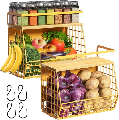 Magnetic Shelf for Fridge with Wood Lid, Fruit Potato and Onion Storage Bins, Pantry Organizers & Storage, Large Container Magnetic Spice Rack for Refrigerator, Kitchen Counter, Cabinet