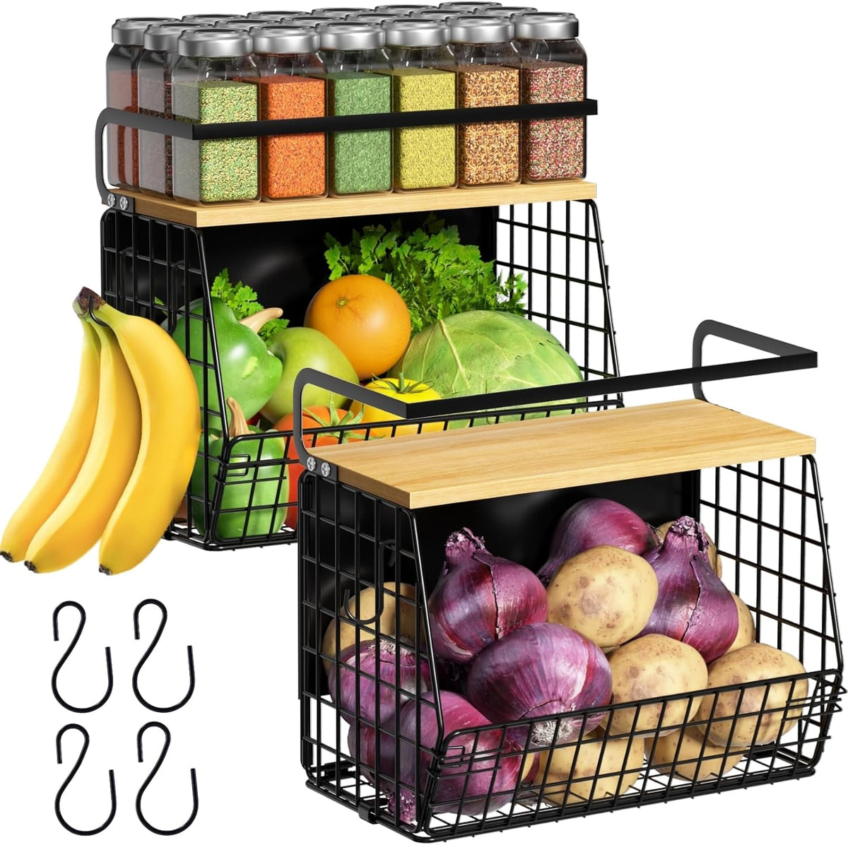 Magnetic Shelf for Fridge with Wood Lid, Fruit Potato and Onion Storage Bins, Pantry Organizers & Storage, Large Container Magnetic Spice Rack for Refrigerator, Kitchen Counter, Cabinet