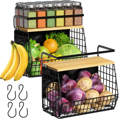 Magnetic Shelf for Fridge with Wood Lid, Fruit Potato and Onion Storage Bins, Pantry Organizers & Storage, Large Container Magnetic Spice Rack for Refrigerator, Kitchen Counter, Cabinet