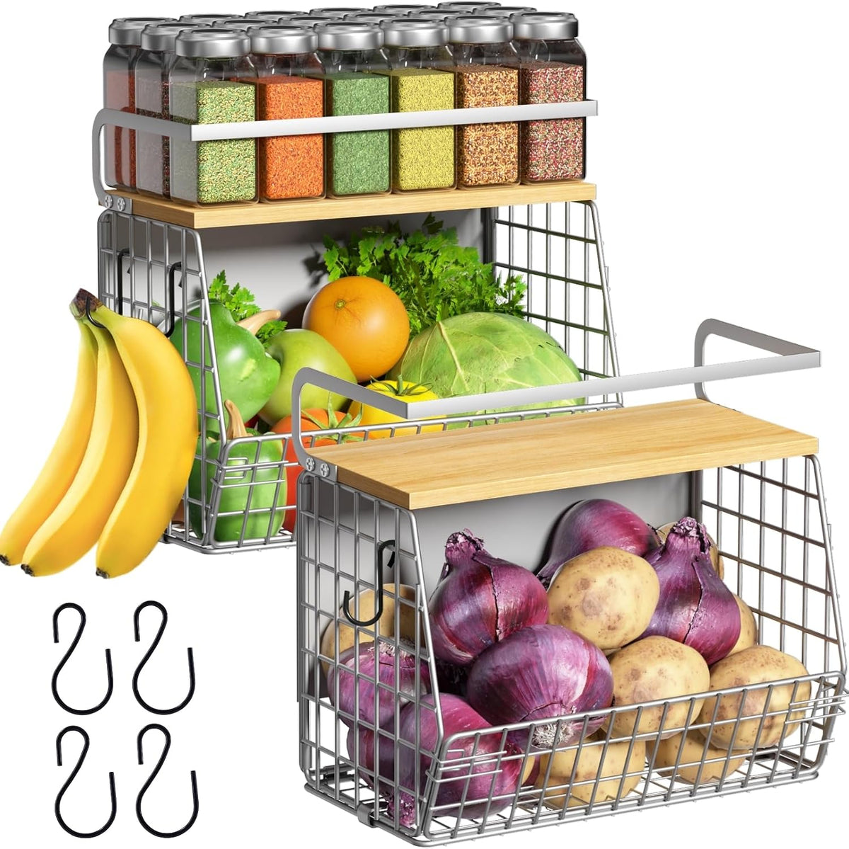 Magnetic Shelf for Fridge with Wood Lid, Fruit Potato and Onion Storage Bins, Pantry Organizers & Storage, Large Container Magnetic Spice Rack for Refrigerator, Kitchen Counter, Cabinet