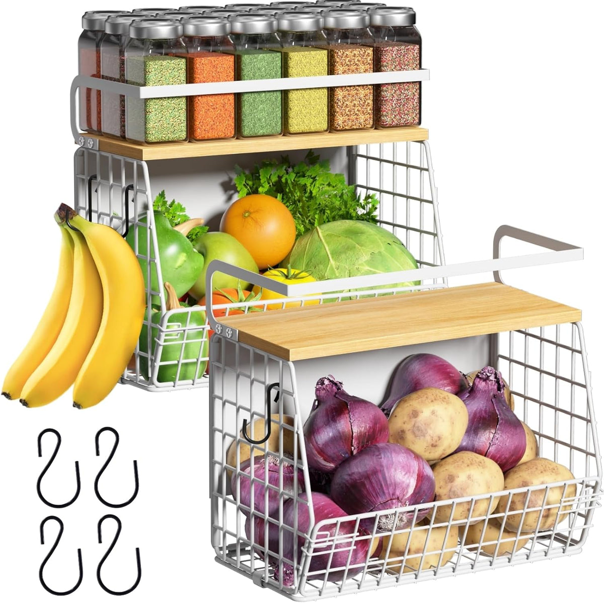 Magnetic Shelf for Fridge with Wood Lid, Fruit Potato and Onion Storage Bins, Pantry Organizers & Storage, Large Container Magnetic Spice Rack for Refrigerator, Kitchen Counter, Cabinet