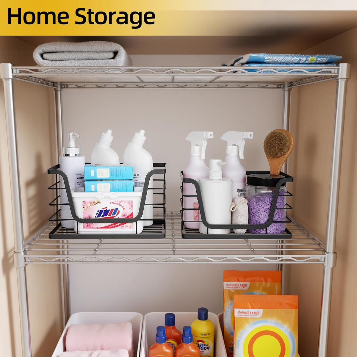 ALOCEO 2 Pack Storage Stackable Kitchen Laundry Organizers with Bamboo Top, Large Trash Bag Holder and Small Garbage Bag Dispenser for Countertop Organization