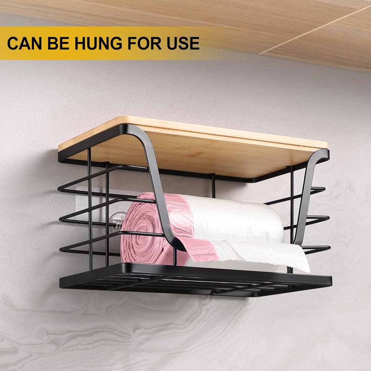 ALOCEO 2 Pack Storage Stackable Kitchen Laundry Organizers with Bamboo Top, Large Trash Bag Holder and Small Garbage Bag Dispenser for Countertop Organization