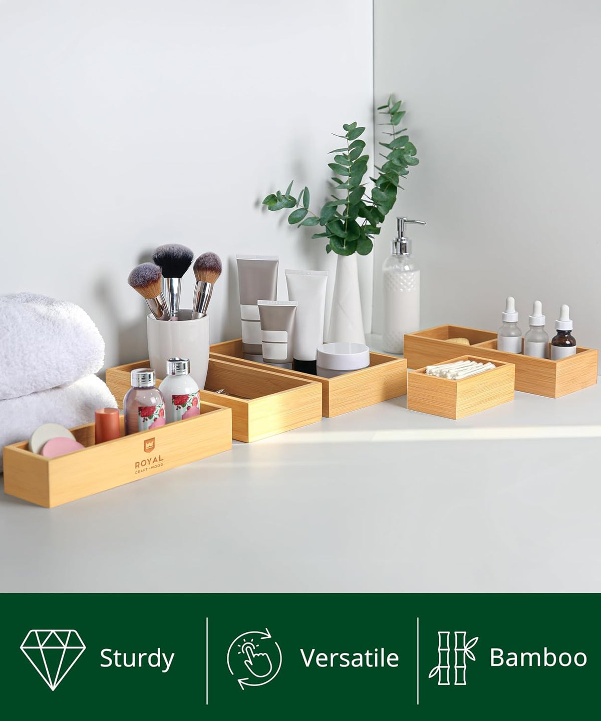 5-Piece Bamboo Drawer Organizer Set – Multi-Use Storage Trays for Kitchen, Bathroom, Office, Makeup, Jewelry & More – Junk Drawer Tray, Utensil Holder, Storage Box & Bin Set (5 Boxes)