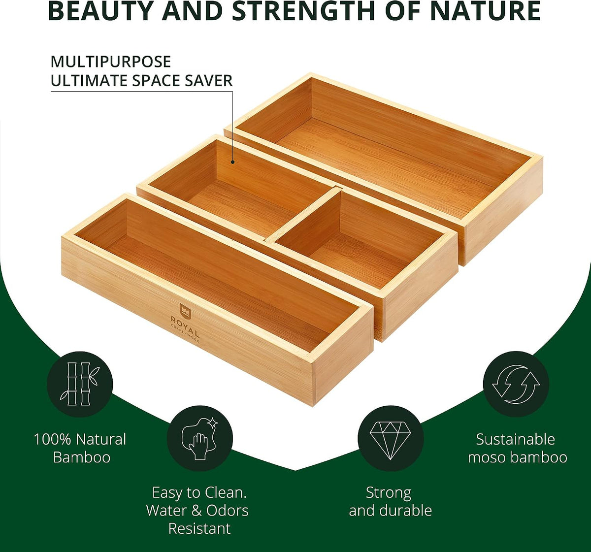 5-Piece Bamboo Drawer Organizer Set – Multi-Use Storage Trays for Kitchen, Bathroom, Office, Makeup, Jewelry & More – Junk Drawer Tray, Utensil Holder, Storage Box & Bin Set (5 Boxes)