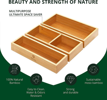 5-Piece Bamboo Drawer Organizer Set – Multi-Use Storage Trays for Kitchen, Bathroom, Office, Makeup, Jewelry & More – Junk Drawer Tray, Utensil Holder, Storage Box & Bin Set (5 Boxes)