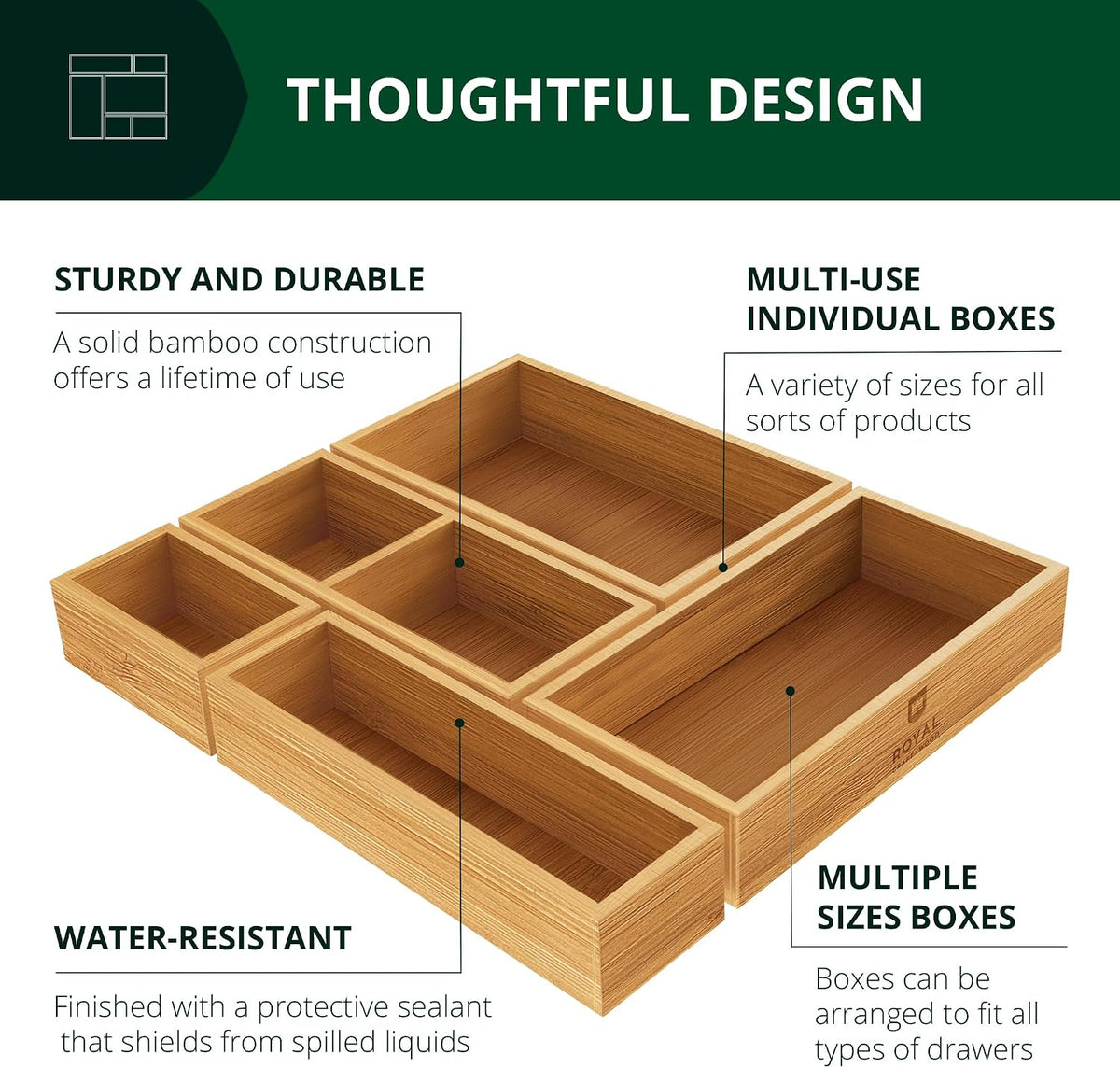 5-Piece Bamboo Drawer Organizer Set – Multi-Use Storage Trays for Kitchen, Bathroom, Office, Makeup, Jewelry & More – Junk Drawer Tray, Utensil Holder, Storage Box & Bin Set (5 Boxes)