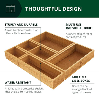 5-Piece Bamboo Drawer Organizer Set – Multi-Use Storage Trays for Kitchen, Bathroom, Office, Makeup, Jewelry & More – Junk Drawer Tray, Utensil Holder, Storage Box & Bin Set (5 Boxes)