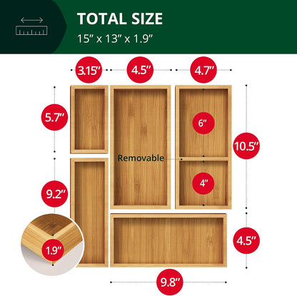 5-Piece Bamboo Drawer Organizer Set – Multi-Use Storage Trays for Kitchen, Bathroom, Office, Makeup, Jewelry & More – Junk Drawer Tray, Utensil Holder, Storage Box & Bin Set (5 Boxes)