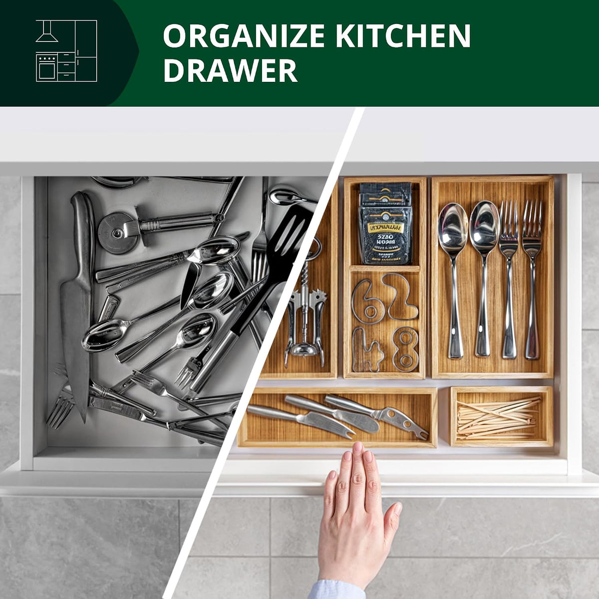 5-Piece Bamboo Drawer Organizer Set – Multi-Use Storage Trays for Kitchen, Bathroom, Office, Makeup, Jewelry & More – Junk Drawer Tray, Utensil Holder, Storage Box & Bin Set (5 Boxes)