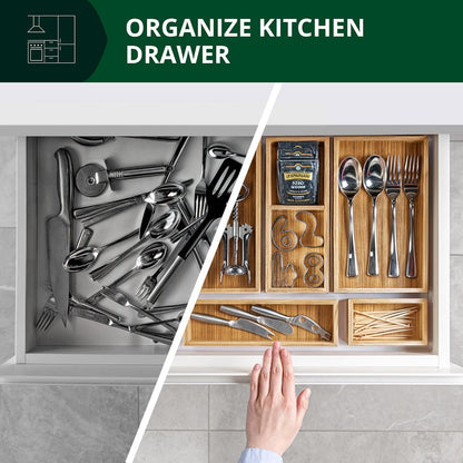 5-Piece Bamboo Drawer Organizer Set – Multi-Use Storage Trays for Kitchen, Bathroom, Office, Makeup, Jewelry & More – Junk Drawer Tray, Utensil Holder, Storage Box & Bin Set (5 Boxes)