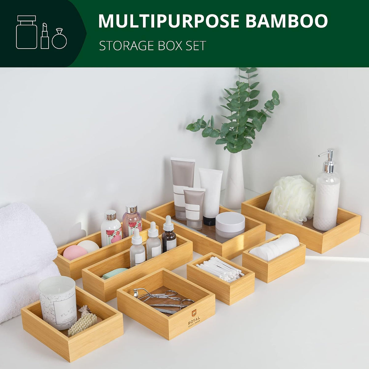 5-Piece Bamboo Drawer Organizer Set – Multi-Use Storage Trays for Kitchen, Bathroom, Office, Makeup, Jewelry & More – Junk Drawer Tray, Utensil Holder, Storage Box & Bin Set (5 Boxes)