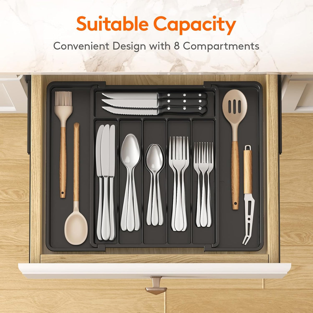 Silverware Organizer for Drawer, Expandable Utensil Tray