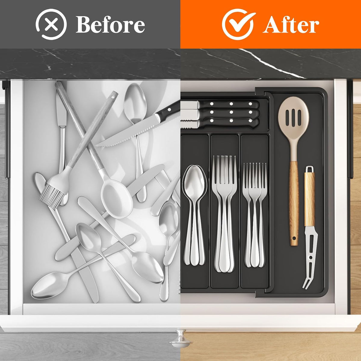 Silverware Organizer for Drawer, Expandable Utensil Tray