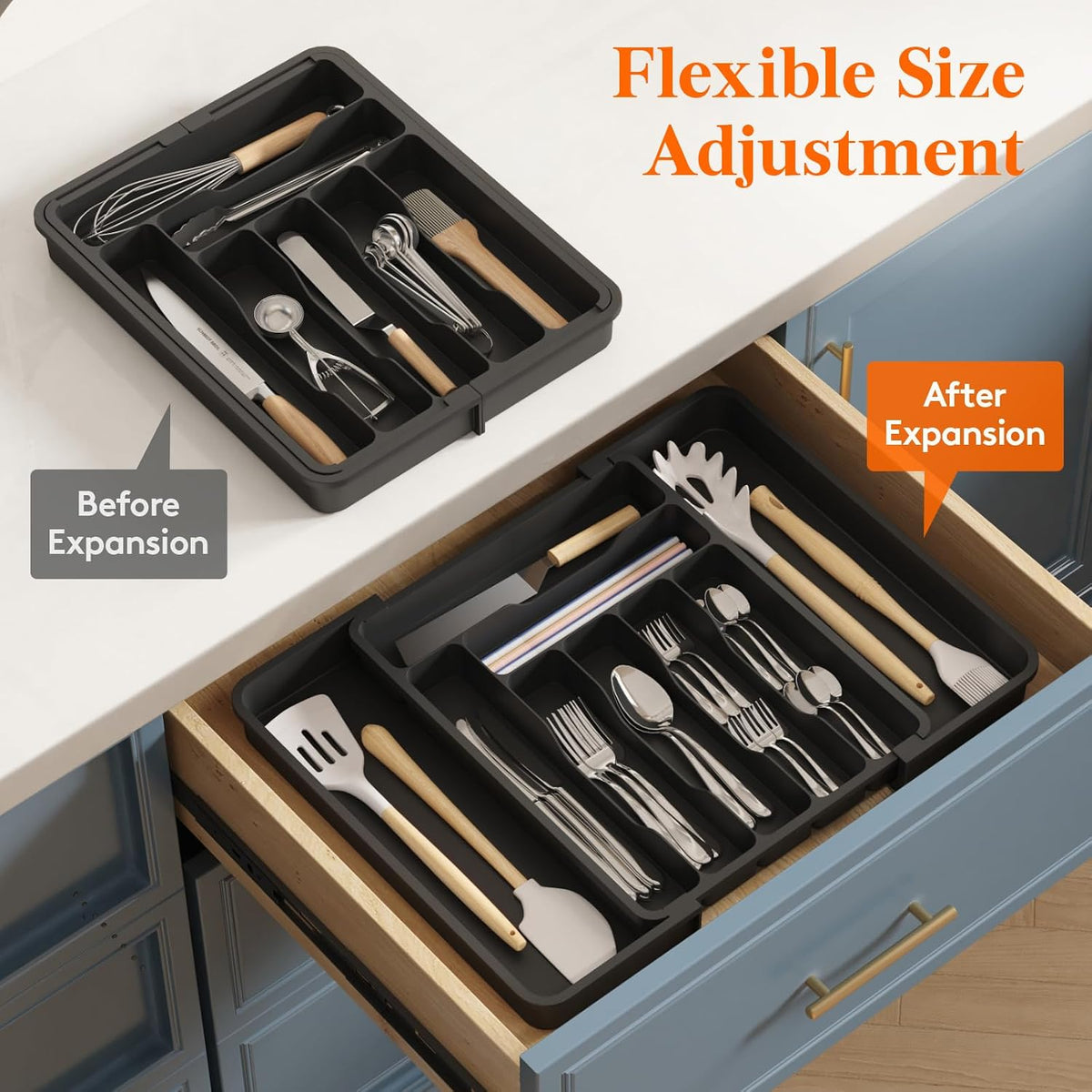 Silverware Organizer for Drawer, Expandable Utensil Tray