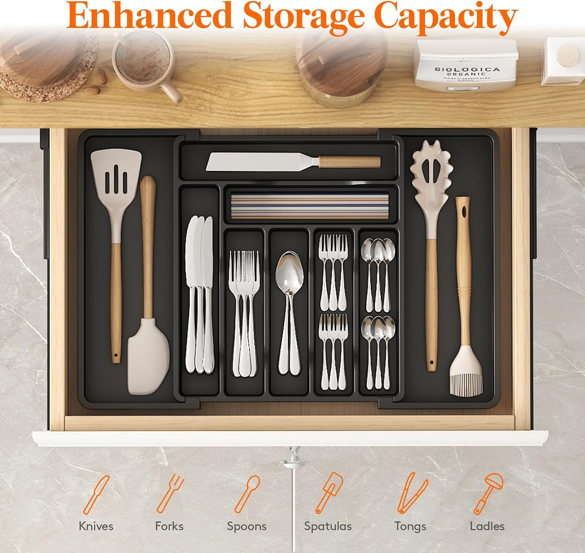 Silverware Organizer for Drawer, Expandable Utensil Tray