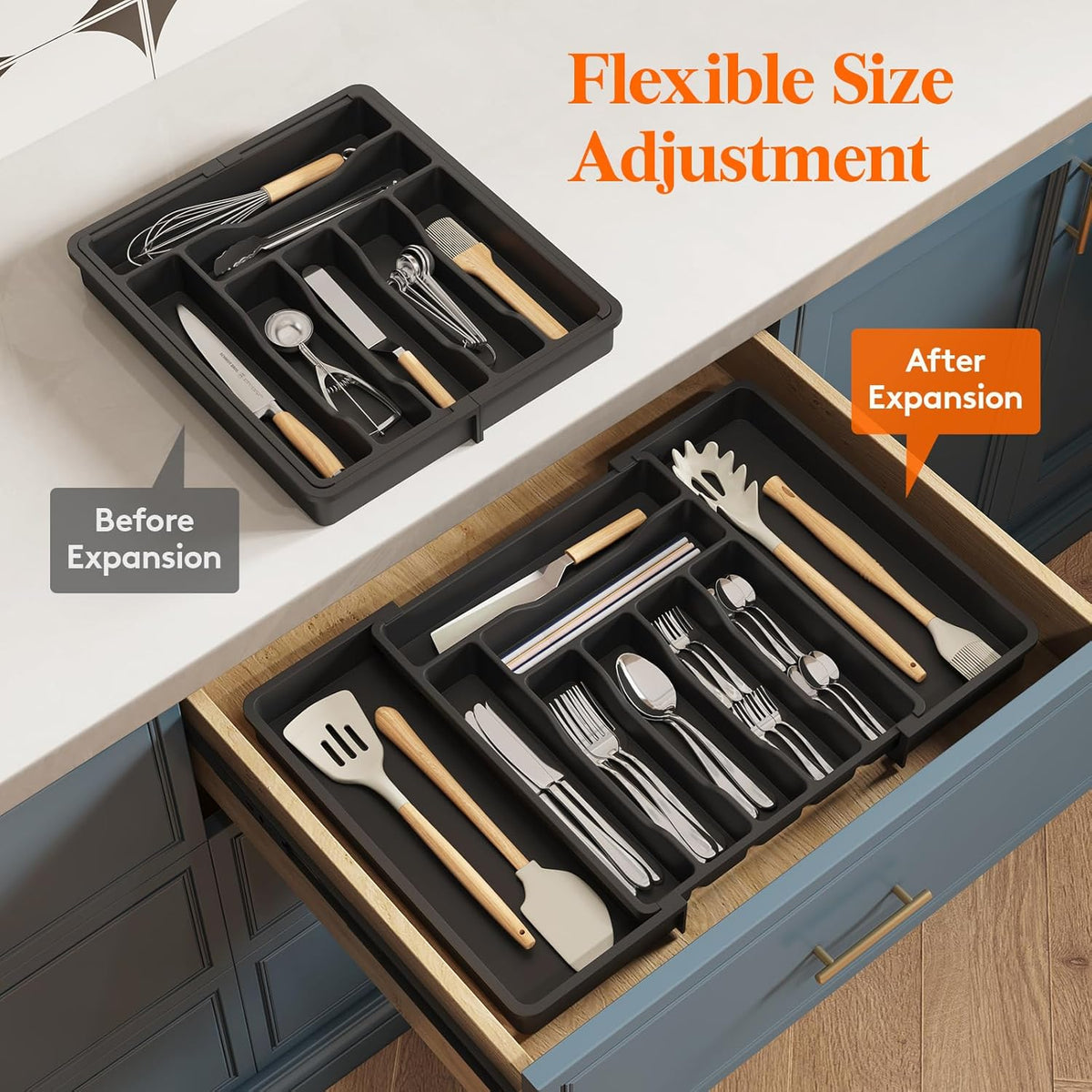 Silverware Organizer for Drawer, Expandable Utensil Tray