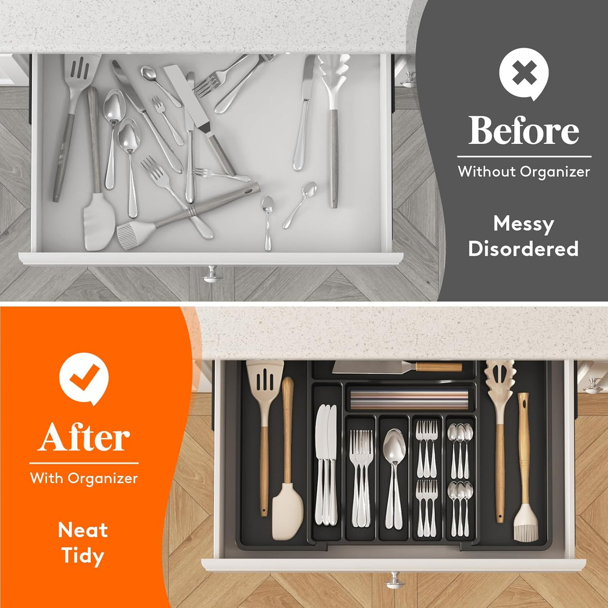Silverware Organizer for Drawer, Expandable Utensil Tray