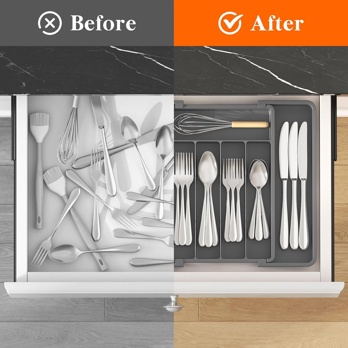 Silverware Organizer for Drawer, Expandable Utensil Tray
