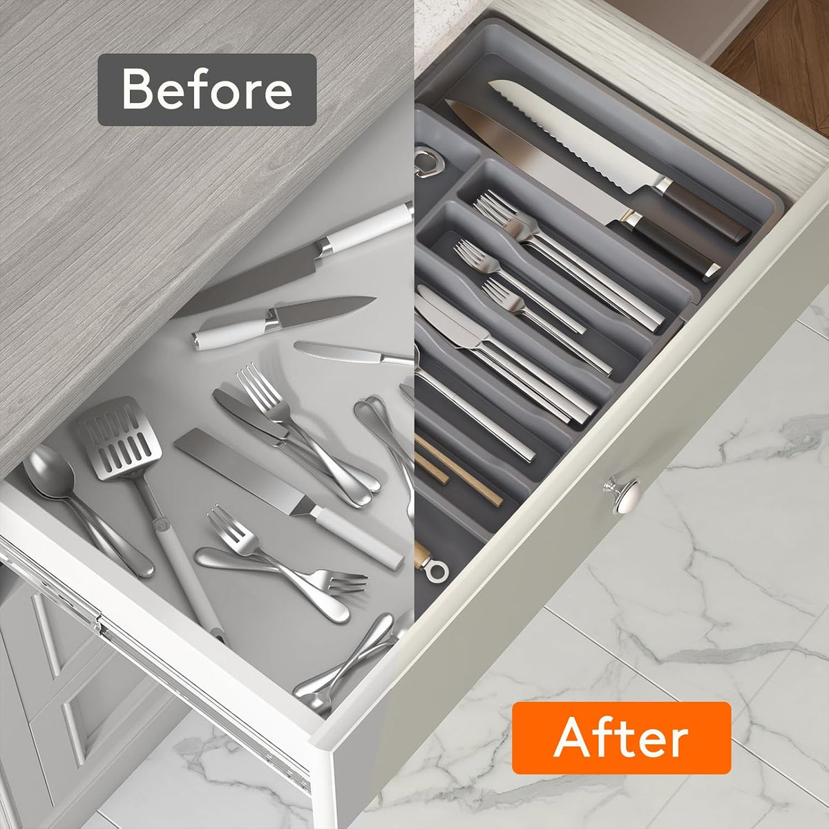 Silverware Organizer for Drawer, Expandable Utensil Tray