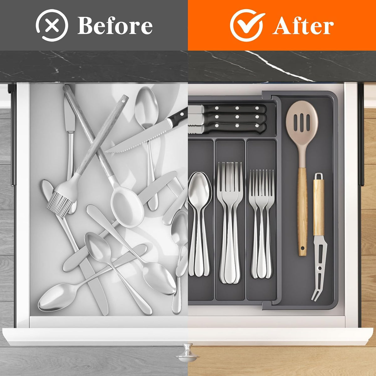 Silverware Organizer for Drawer, Expandable Utensil Tray