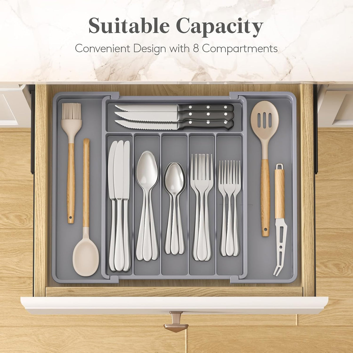 Silverware Organizer for Drawer, Expandable Utensil Tray