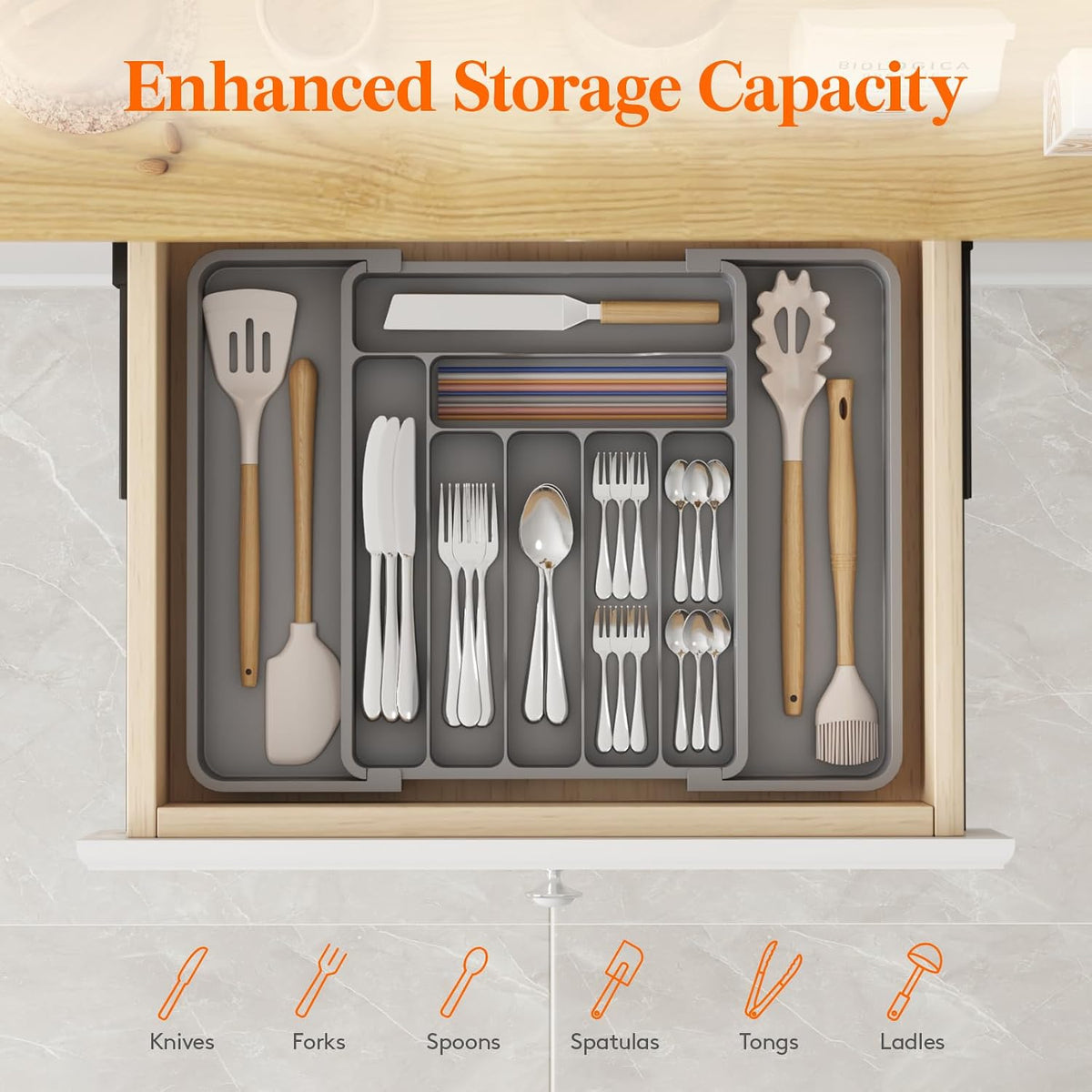 Silverware Organizer for Drawer, Expandable Utensil Tray